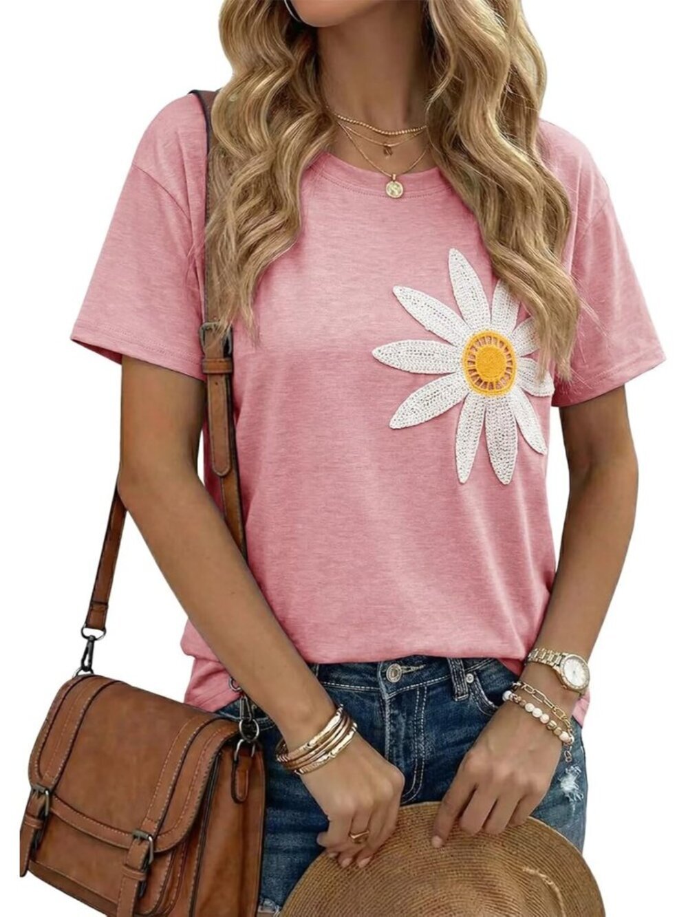 Women's Pink Crew-neck Short Sleeve Flower Embroidery Drop Shoulder Top